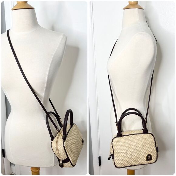 Vintage Etienne Aigner Straw Mini Crossbody Satchel Oxblood Faux Leather Trim - Picture 2 of 10
